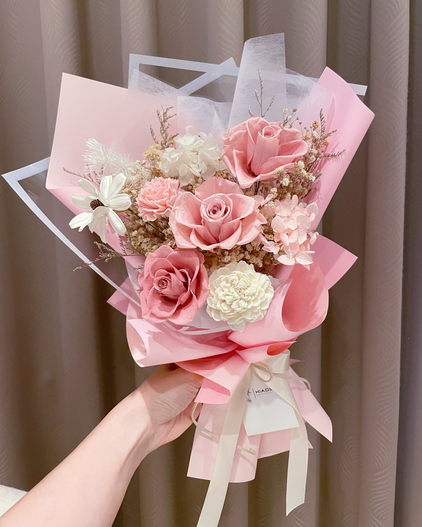 粉紅泡泡永生花束